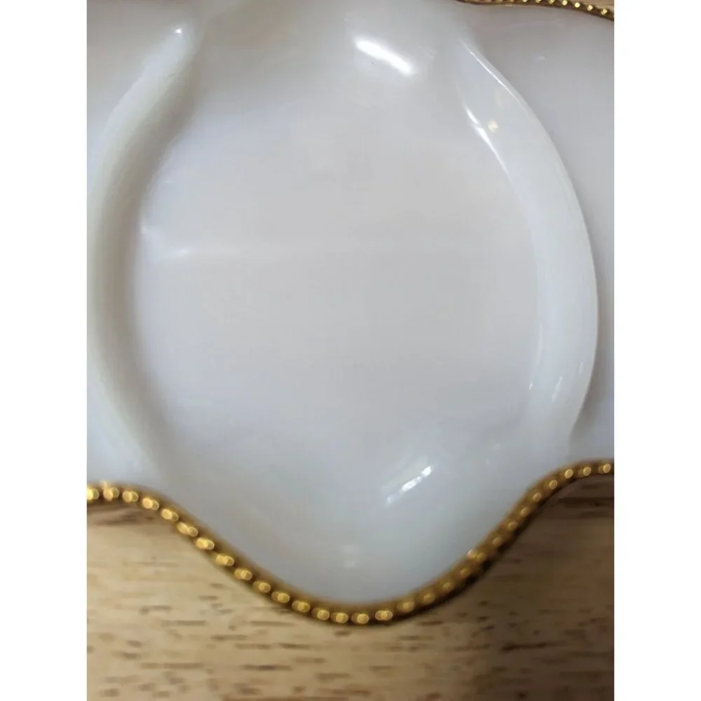 Fire King Milk Glass Divided relish tray gold‎ tone hobnail rim 11x8 inch